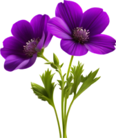 A painting of purple flowers with leaves. AI-Generated. png