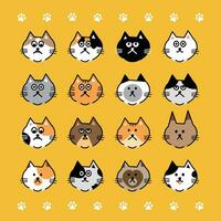 Cats heads emoticons vector.Line illustration of various cats on yellow background. vector