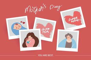 Vector illustration of joyous celebration of happy mothers day, mothers day related polaroid photo of mother holding baby