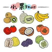 Hand drawn line fruit illustration. Healthy food concept. Colorful big collection with fruits and vegetables. vector