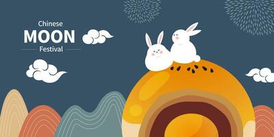 Vector Illustration of mid-autumn festival celebration. Rabbit and Moon.