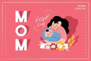 Vector illustration of joyous celebration of Happy Mother's Day, mother holding baby surrounded by flowers