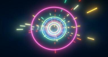 Abstract multi-colored energy futuristic hi-tech tunnel of flying circles and lines neon magic glowing background photo