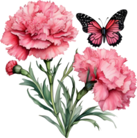 un pintura de un ramo de flores de clavel y un mariposa. ai-generado. png