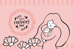 Vector illustration of joyous celebration happy mother's day, simple line illustration of mother holding baby