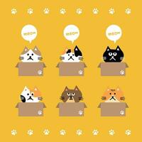 Cat head emoji vector. Vector illustration of various cats sitting in cardboard boxes for adoption on yellow background.