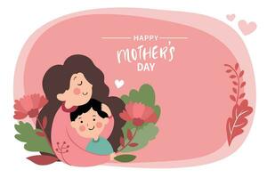 Vector illustration of joyous celebration of Happy Mother's Day, mother holding baby surrounded by flowers