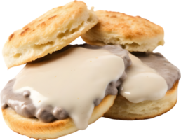 Image of Delicious-looking Biscuits and gravy. AI-Generated. png