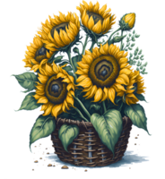 A painting of a bouquet of sunflowers in a basket. AI-Generated. png