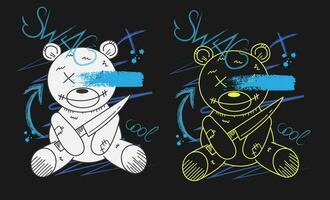 Bear toy print for t-shirt with spray effect.. Graffiti style slogan text. Vector illustration on black background