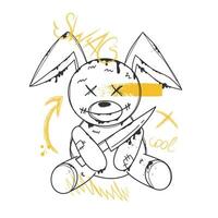 Graffiti rabbit with sprayed. Bunny with knife in urban style. Street art and text. Vector graphic design for t-shirt