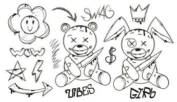 Set of graffiti spray art. Collection of bear and rabbit in urban style. Crown and slogan, arrow on isolated background. vector