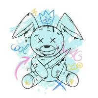 Black outline rabbit with drops and text. Graffiti spray art. Cute bunny with knife. Isolated vector