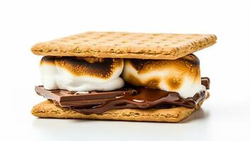AI Generated Sugar graham sweet toasted cookie tasty brown roasted isolated sugary snack sandwich marshmallow dessert candy chocolate treat smores food white photo
