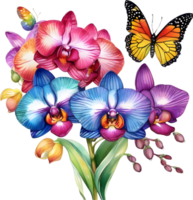 A painting of a bouquet of orchids and a butterfly. AI-Generated. png