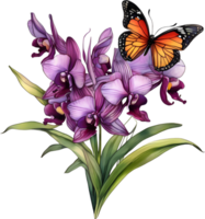 A painting of a bouquet of orchids and a butterfly. AI-Generated. png