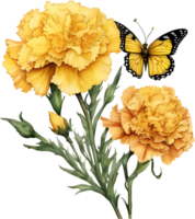A painting of a bouquet of carnation and a butterfly. AI-Generated. png