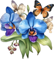 une La peinture de une bouquet de orchidées et une papillon. ai-généré. png