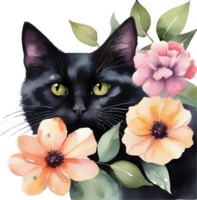 Flowers and black cat clipart for decoration in many projects. AI-Generated. png