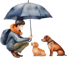 schilderij van een jongen gebruik makend van een paraplu naar beschermen een klein hond. ai-gegenereerd. png