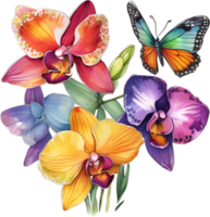 A painting of a bouquet of orchids and a butterfly. AI-Generated. png