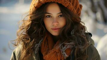 Beautiful young woman in a warm jacket and hat outdoors, Christmas New Year festive beautiful winter background photo