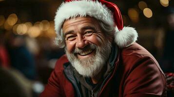 A man with a beard in a red jacket and santa claus hat smiles at the camera, christmas new year festive beautiful winter background photo