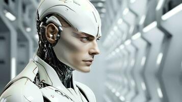 hermosa cyborg robot mujer futurista alta tecnología mezcla de humano y computadora. sinergia Entre humanidad y artificial inteligencia en el futuro foto