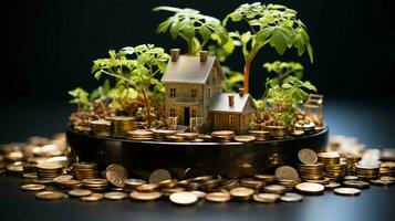 House on a pile of gold coins and money on the table, finance concept credit and home mortgage photo