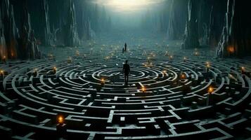 A man stands in a maze and thinks, view from the back. The concept of difficulty in making a decision photo