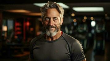 Mature male athlete with beard in sports fitness room photo