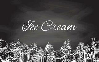 Vintage white ice cream template, hand-drawn on chalkboard background. The concept of dessert, a sweet dish in a vintage doodle style. A template with an empty space. vector