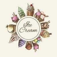 Circular frame for ice cream label, rounded by different types of ice cream. Retro hand drawn vector illustration. Template element for packaging design.