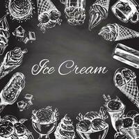 Vintage monochrome ice cream template, hand-drawn on chalkboard background. The concept of dessert in a vintage doodle style. A template with an empty space in the center in the form of circle. vector