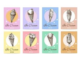 Hand-drawn banners with ice cream in sketch style. Vintage vector illustration. The concept of dessert is a sweet dish in a vintage doodle style.