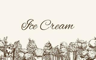 Vintage monochrome ice cream template, hand-drawn. The concept of dessert, a sweet dish in a vintage doodle style. A template with an empty space. vector