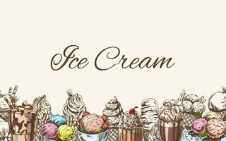 Vintage color and monochrome ice cream template, hand-drawn. The concept of dessert, a sweet dish in a vintage doodle style. A template with an empty space. vector