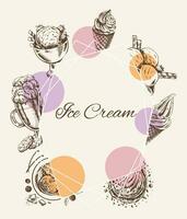 Ice cream vintage poster.  Hand-drawn retro vector illustration. Template element for frozen sweet dessert packaging design. Sketch style.
