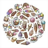 Vintage set of hand drawn color ice cream icons. Elements in a circle. Vector illustrations in sketch style. Handmade, knitting equipment concept in vintage doodle style. Engraving style.