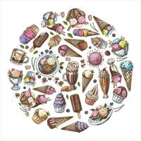 Vintage set of hand drawn color ice cream icons. Elements in a circle. Vector illustrations in sketch style. Handmade, knitting equipment concept in vintage doodle style. Engraving style.