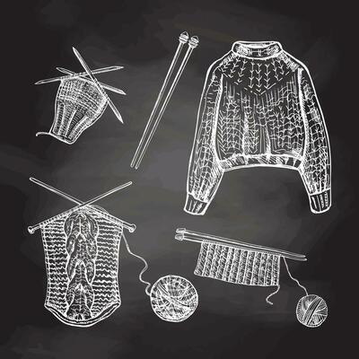 Vintage set of hand drawn knitted sweater, sock, knitting process, knitting needles icons on chalkboard background.  Handmade, sewing equipment concept in vintage doodle style. Engraving style.