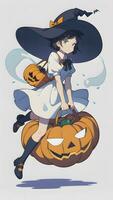 preparando para Víspera de Todos los Santos un linda joven niña y su calabaza en anime estilo con sencillo antecedentes foto