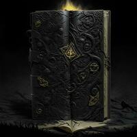 A tome about black magic, its cover is decorated with ominous symbols. AI generated photo