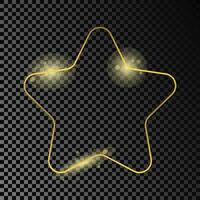 Gold glowing rounded star shape frame isolated on dark background. Shiny frame with glowing effects. Vector illustration.