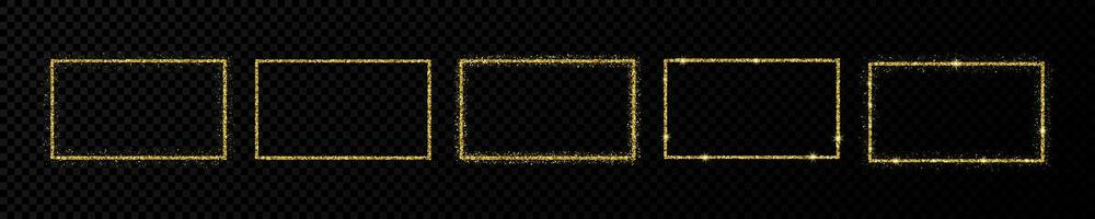 Set of five gold glitter frames. Rectangle vertical frame with shiny sparkles on dark background. Vector illustration