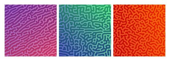 Set of three colorful turing reaction gradient backgrounds. Abstract diffusion pattern with chaotic shapes. Vector illustration.
