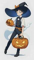 preparando para Víspera de Todos los Santos un joven chico y su calabaza en anime estilo con sencillo antecedentes foto