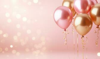 Shiny pink and golden glitter balloons on light pink soft pastel background AI Generated photo