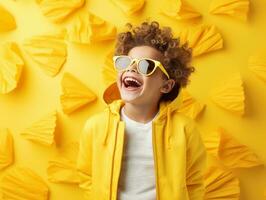 un alegre niño, lleno de felicidad, con un brillante amarillo sonrisa. ai generativo foto