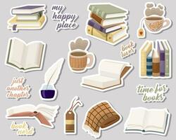 a set of book stickers, open books and books stacked in stacks. Different attributes to read. Vector illustration.